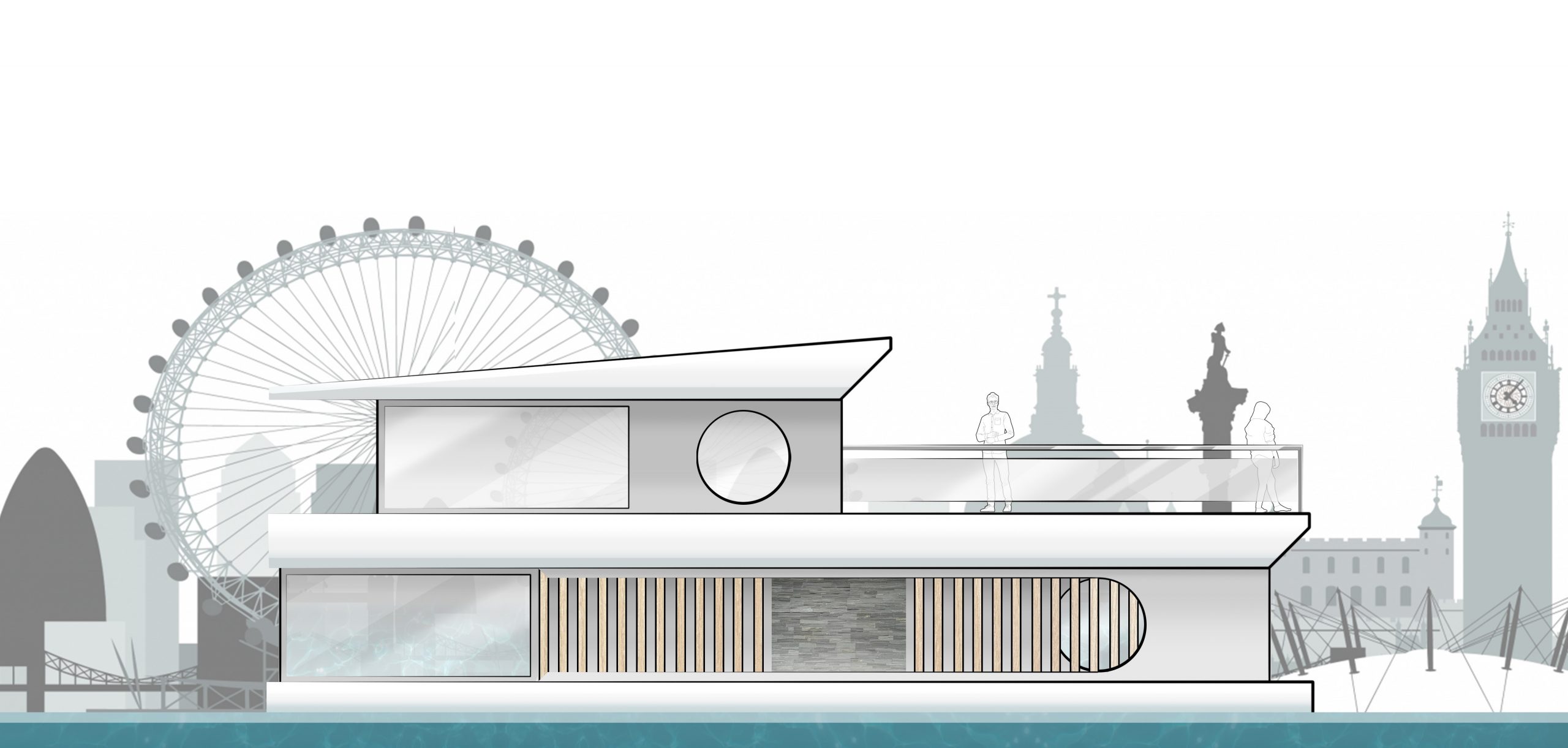50′ Houseboat exterior sketch render