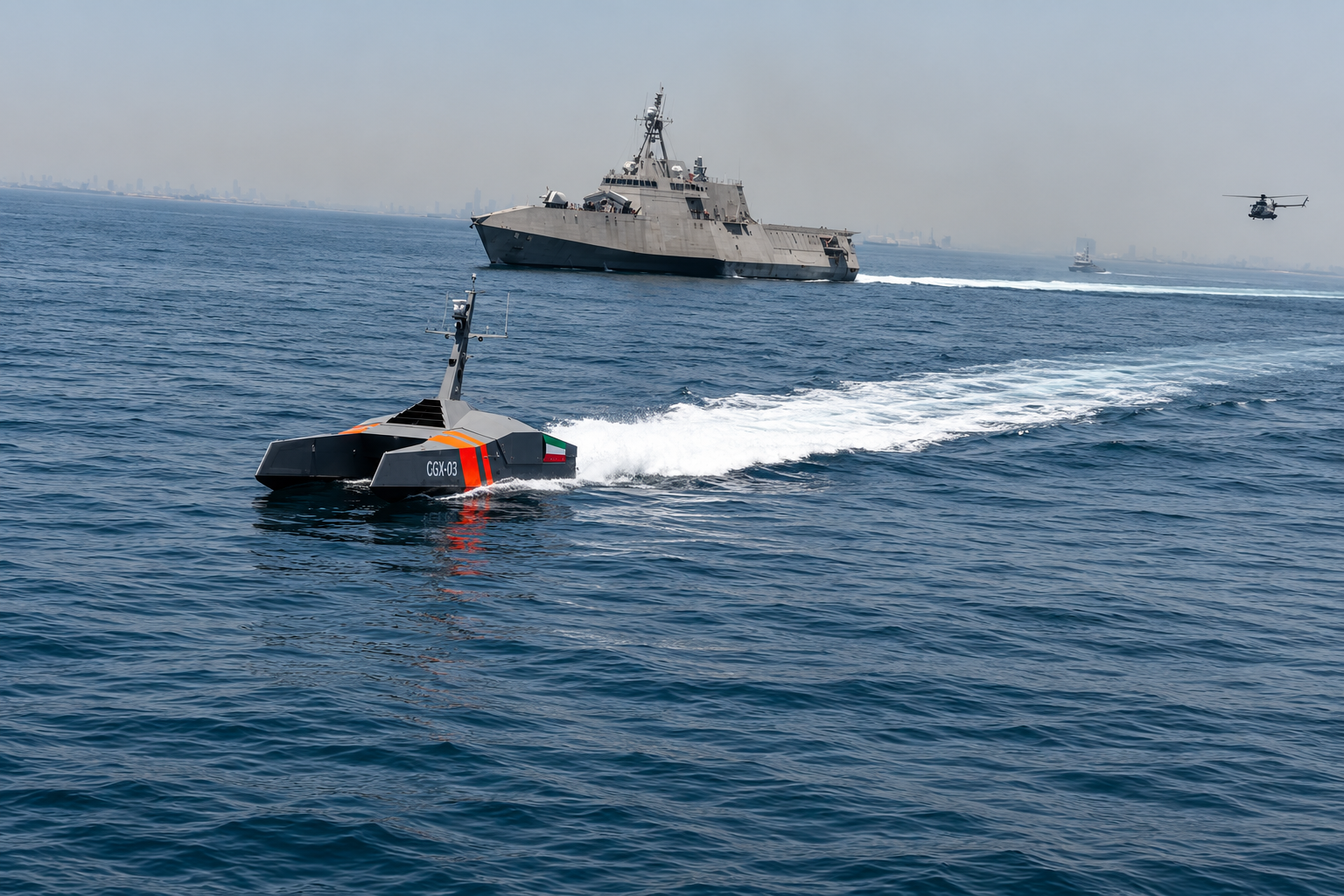 NeedleFish USV CGX-03 underway with a coast guard ship behind