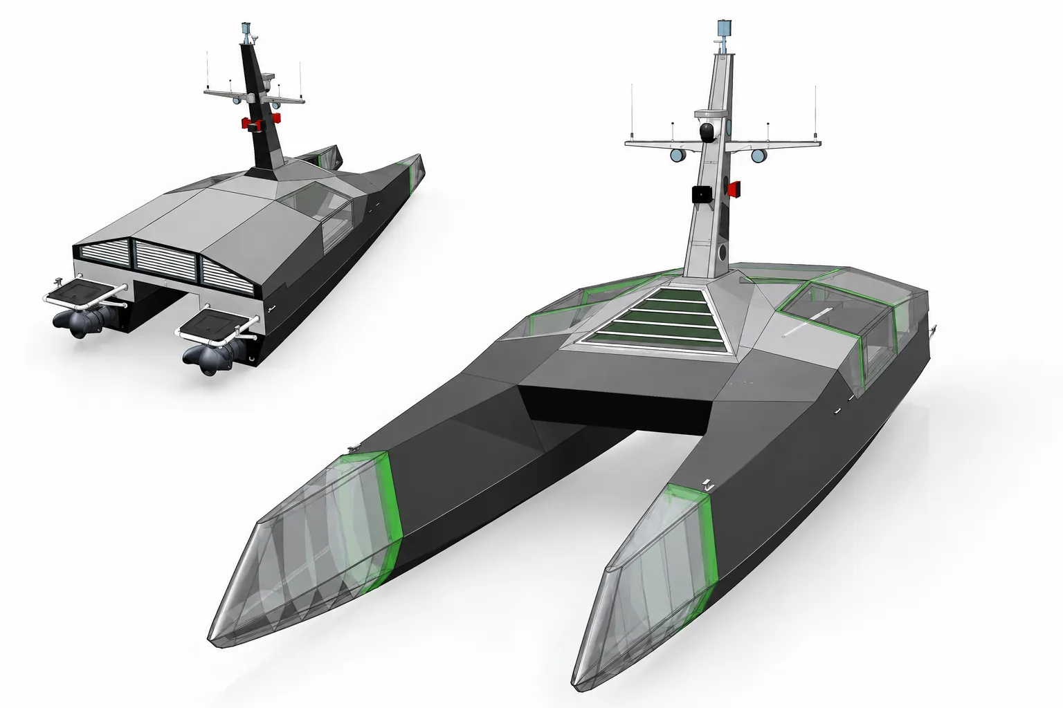 BRYD 3D model of the NeedleFish twin-hull USV — stern and bow views
